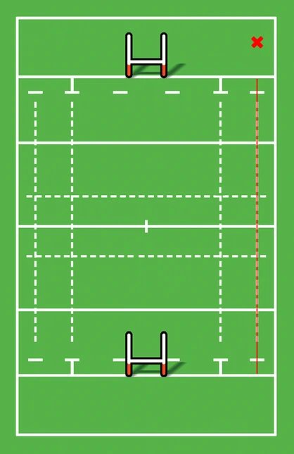 グラウンドの図。トライゾーンの端にトライした場合の、コンバージョンを蹴れる線